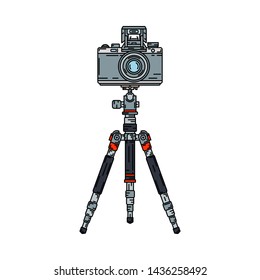 Color vector icon set digital photographer professional equipment. Photography. Photographi camera mounted on a tripod, lens, flash. Cartoon style illustration, element design. Snapshot photo studio.