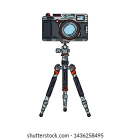 Color vector icon set digital photographer professional equipment. Photography. Photographi camera mounted on a tripod, lens, flash. Cartoon style illustration, element design. Snapshot photo studio.