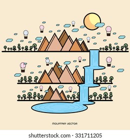 Color vector icon set and illustration mountain spring time: mountain, sun, clouds, trees nature, walking, fresh air, balloon.