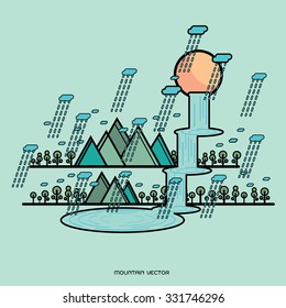 Color vector icon set and illustration mountain spring time: mountain, sun, clouds, trees nature, walking, fresh air, raining.