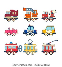 Color vector icon set with toy car. Engaging and interactive toys that spark creativity and imagination. Created for kids. Encourage playtime and ignite the joy of discovery with popular childrens toy