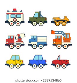 Color vector icon set with toy car. Engaging and interactive toys that spark creativity and imagination. Created for kids. Encourage playtime and ignite the joy of discovery with popular childrens toy