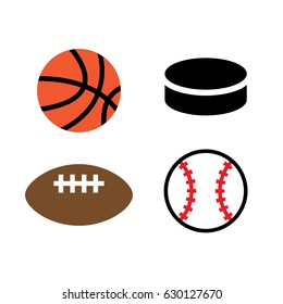 Color vector icons of a basketball, hockey puck, football and baseball