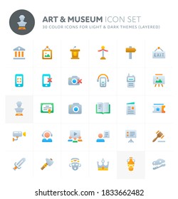 Color vector icons related to arts gallery and historical museum. Symbols such as historical objects and artworks are included in this set. Perfect for light and dark background, editable and layered.