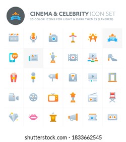 Color vector icons related to cinema   celebrity  Symbols such as awards  superstars   movie equipments are included in this set  Perfect for light   dark background  editable   layered 