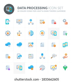 Color vector icons related to data processing. Symbols such as data manipulation, data conversion & data filtration are included in this set. Perfect for light and dark background, editable & layered.