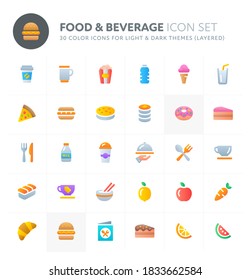 Color vector icons related to foods and beverages. Symbols such as vegetables and snacks are included in this set. Perfect for light and dark background, editable and layered.