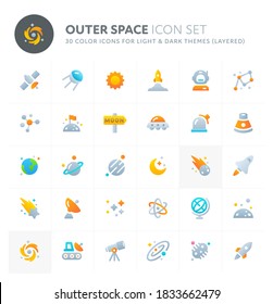 Color vector icons related to galaxy and outer space. Symbols such as planets, stars and solar system are included in this set.  Perfect for light and dark background, editable and layered.