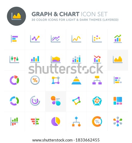 Color vector icons related to graph & chart used in statistic and infographic. Symbols such as bar, line, pie, & scatter graphs are included. Perfect for light and dark background, editable & layered.