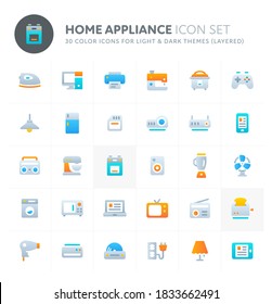 Color vector icons related to home electronic machines. Symbols such as cooking, cleaning and food preservation are included in this set. Perfect for light and dark background, editable and layered.