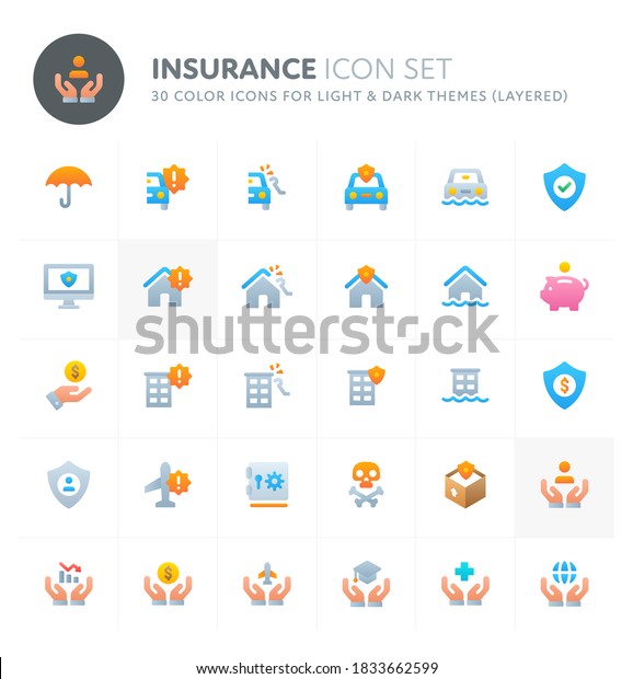 Color vector icons related to insurance. Symbols
such as car, house, business and personal life insurance are
included in this set.  Perfect for light and dark background,
editable and layered.