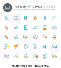 Color vector icons related to internet of things (IoT). Symbols such as gadget that connect & interact with other smart devices are included. Perfect for light and dark background, editable & layered.