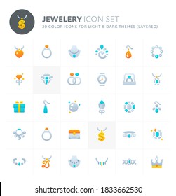 Color vector icons related to jewellery. Symbols such as diamond, wearable accessories, earrings and necklace are included in this set. Perfect for light and dark background, editable and layered.