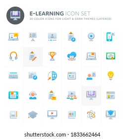 Color vector icons related to online learning & education. Symbols such as source programs, media equipment & online education are included. Perfect for light and dark background, editable & layered.