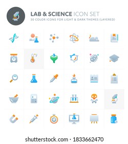 Color vector icons related to science and laboratory. Symbols such as laboratory equipment, research & experiment are included in this set.  Perfect for light and dark background, editable & layered.