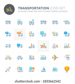 Color vector icons related to vehicle & transportation. Symbols such as bus, truck, car & other light & heavy vehicle are included. Perfect for light and dark background, editable and layered.