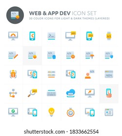 Color vector icons related to web & app development. Symbols such as code editor, IDE, and other programming related items are included. Perfect for light and dark background, editable and layered.