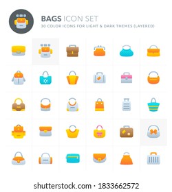 Color vector icons related to woman and man bags. Symbols such as fashion, office and travelling bag are included in this set.  Perfect for light and dark background, editable and layered.