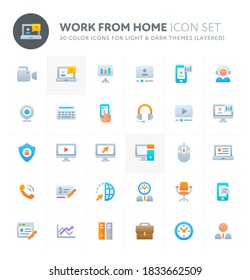 Color vector icons related to related to work from home order. Various activity during work from home order are included in this set. Perfect for light and dark background, editable and layered.