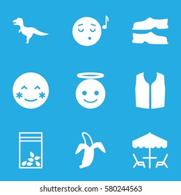 color vector icons. Set of 9 color filled icons such as slippers, sleeveless shirt, blush, emoji angel, emoji listening music, seed bag, banana, table under umbrella