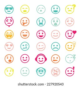 Color vector icons of smiley faces on white background. Set of different emotions.