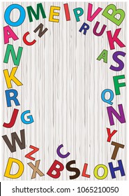 Color vector illustation of bright rainbow alphabet letters set isolated on light wooden texture background.Set of color vector alphabets.