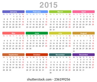 Color vector illustration of 2015 year annual calendar (Monday first, English)