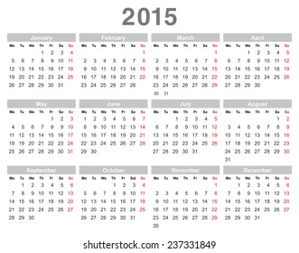 Color vector illustration of 2015 year annual calendar (Monday first, English)