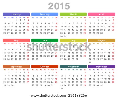 Color vector illustration of 2015 year annual calendar (Monday first, English)