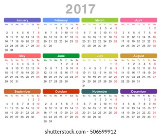 Color vector illustration of 2017 year annual calendar (Monday first, English) isolated on white background