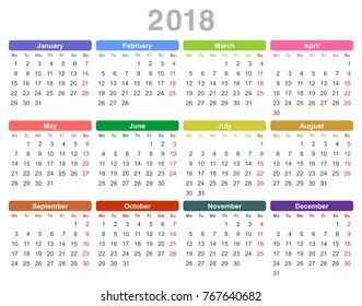 Color vector illustration of 2018 year annual calendar (Monday first, English) isolated on white background