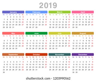 Color vector illustration of 2019 year annual calendar (Monday first, English) isolated on white background
