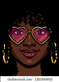 Color vector illustration of an African American girl in pink glasses. Happy girl in love. Face of a beautiful girl with makeup and curly hair. Girl with round gold earrings and glasses shape of heart