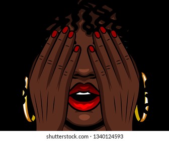 Color vector illustration african american girl covers her face with her hands. The girl experiences emotions of stress, fear, pain, fatigue. Girl with red open lips and eyes closed