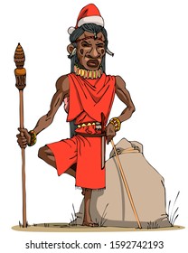 color vector illustration -- African (Maasai) Santa Claus with gift bag