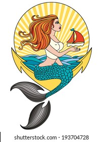 A color vector illustration in ala pin up style of a sexy mermaid sitting on an anchor, on background ocean and sunrise/sunset. In her hand soars a sailing boat.