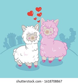 Color vector illustration of animal llamas for Valentine day.