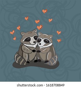 Color vector illustration of animal raccoons for Valentine day.