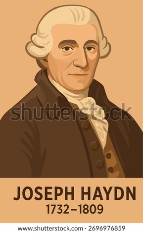 Color vector illustration of the Austrian composer Joseph Haydn in a classic costume of the XVIII century. With an inscription of his name by Joseph Haydn and the date of his life 1732-1809.