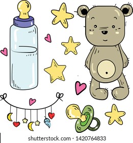 Color vector illustration with bear, toy, baby bursary, bottle, garland and stars on white background. Good for printing. Coloring book ideas. Postcard and logo elements. Isolated set.