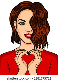 Color vector illustration of a beautiful girl showing with her hands a heart sign. A young brunette smiles and shows a sign of love. Isolated character for greeting card design for Valentine's Day 