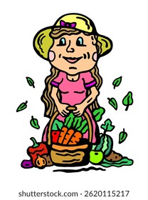 Color vector illustration of a beautiful girl in a hat with a basket of fresh vegetables and fruits on a white isolated background