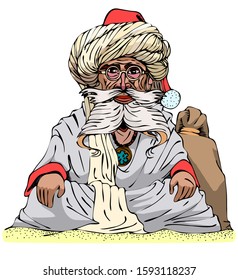 color vector illustration - Bedouin as Santa Claus with a bag of gifts