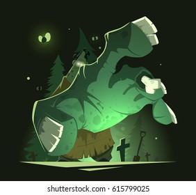 Color vector illustration of big scary undead zombie hand near grave