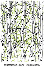 Color Vector Illustration Of Birch Trees. Spring Birch Trees Forest. Simple Spring Birch Trees Painting With Green Ink Blots.