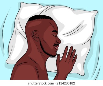 Color Vector Illustration Black Man Sleeping. African American Man Sleeping On His Side. A Man Dreams In His Bed. A Young Handsome Guy Is Resting On A White Pillow.