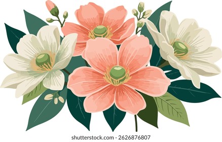 Ilustração do vetor de cor de um buquê floral florescente com três grandes flores centrais e múltiplos botões. As pétalas devem estar em tons suaves de rosa, pêssego e coral com gradientes sutis.