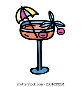 Color vector illustration of a blue glass of cocktail, color umbrella and pink cherry. Icon for bar and club, logo, website, party, cafe menu, bar menu, logo for restaurant design.