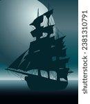 color vector illustration in blue-gray tones depicting the silhouette of a sailing ship on a moonlit night at sea, for prints and scene decoration in vintage style