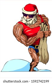 color vector illustration - bodybuilder in the hat of Santa Claus with empty sack of gifts